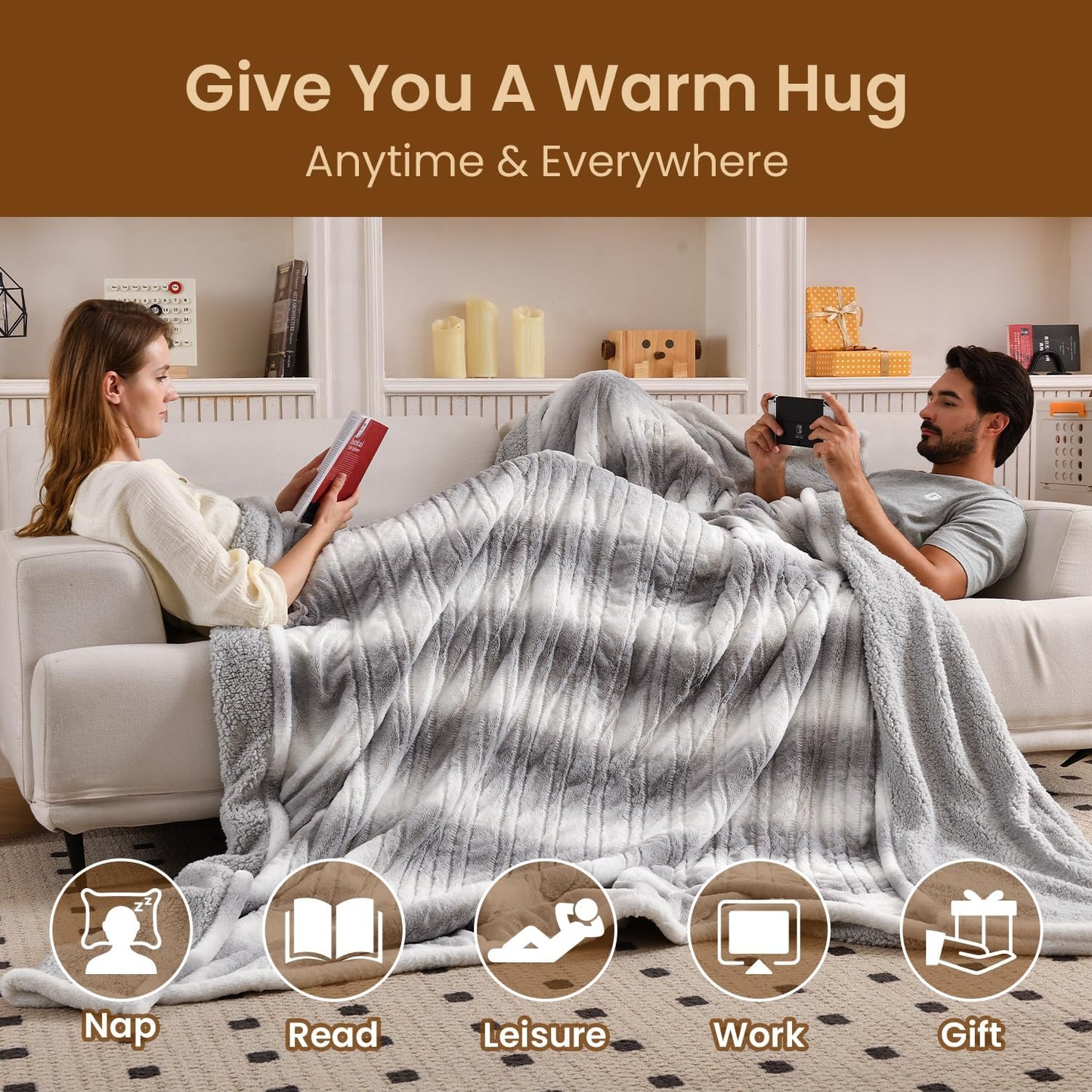 Bearhug Electric Blanket Full Size 77" x 84", 10 Heat Settings Heated Blanket, 1-12 Hour Auto Shut-Off, Faux Fur & Sherpa Dual-Sided Heating Blanket, Machine Washable, Gift-Ready Elegant Packaging