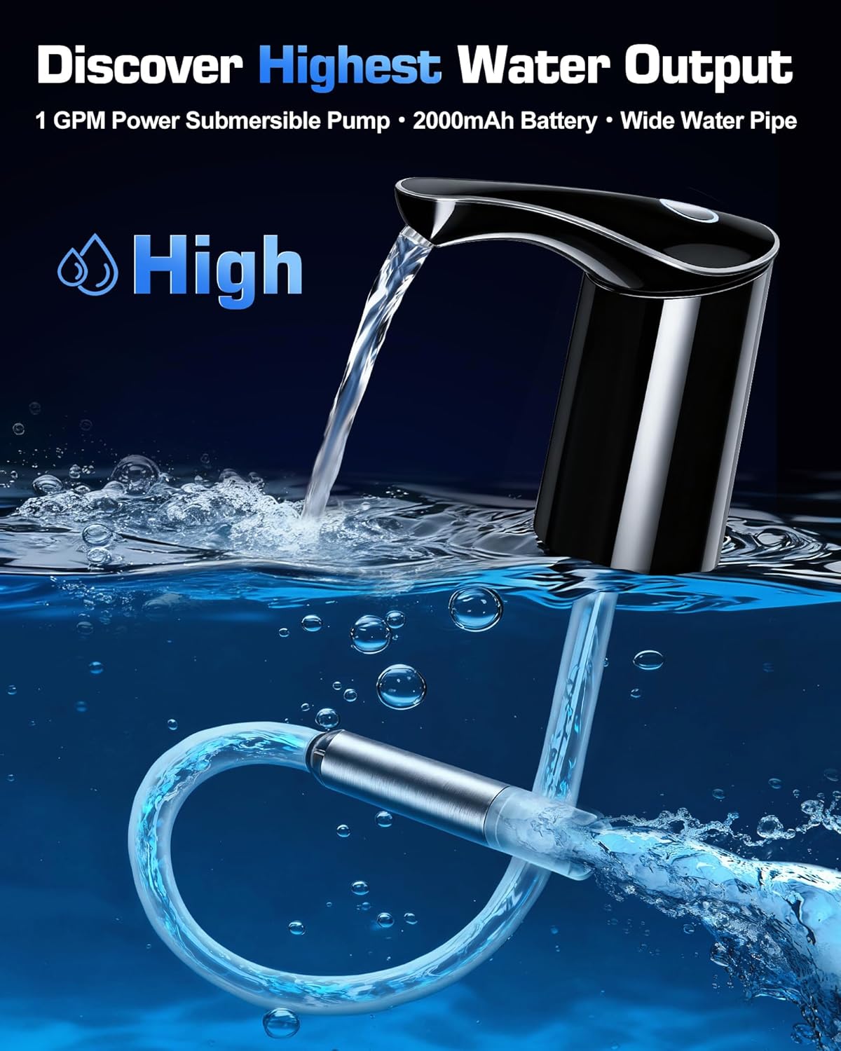 Rechargeable Water Dispenser Pump for 5 Gallon Bottle, Electric USB-C Large Flow Water Jug Dispenser, Portable Automatic Submersible Bottle Pump Silent Operation for Camping Home Office
