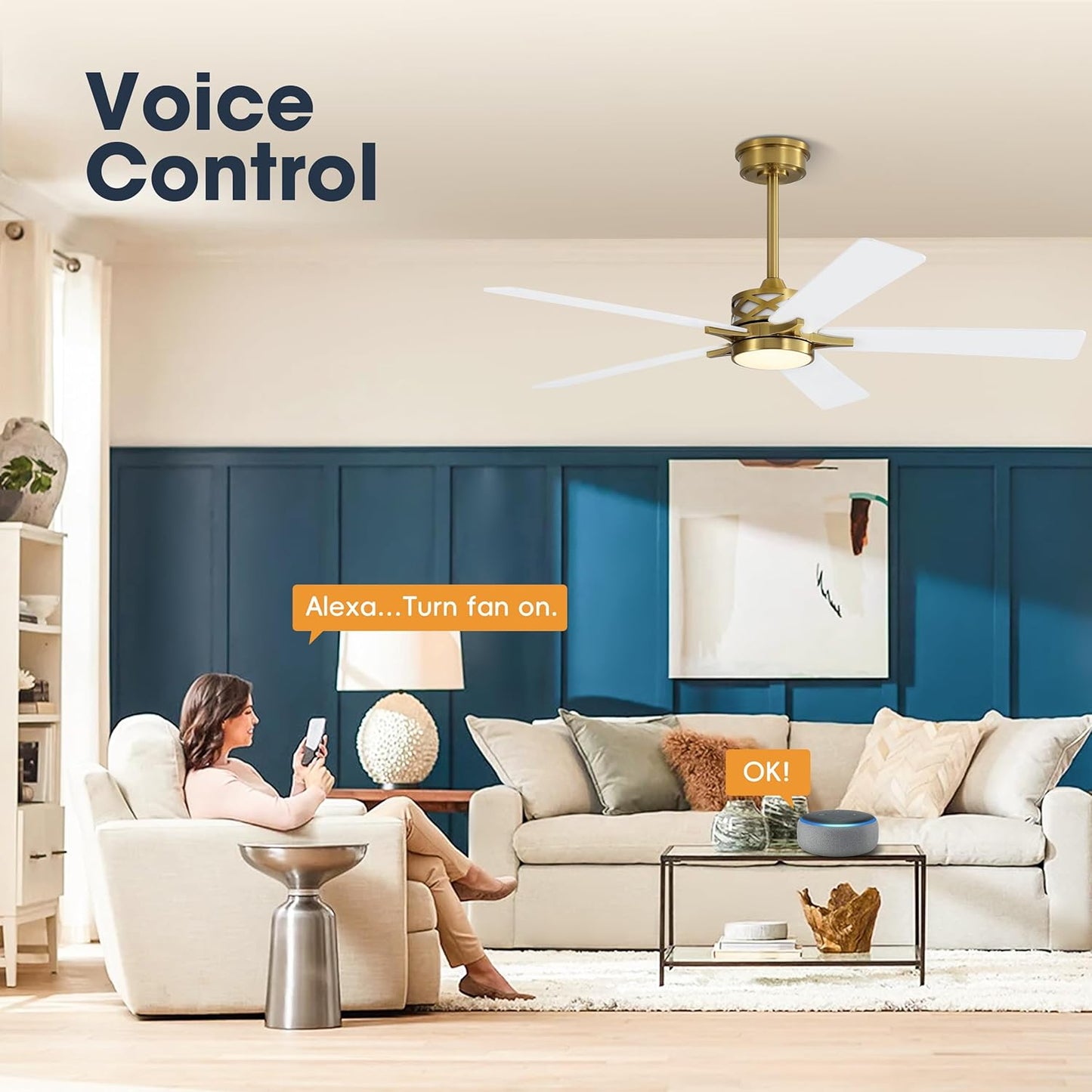 WINGBO 60" Smart Ceiling Fan with Lights and 3 Downrods, 5 Plywood Blades, 6 Speeds Reversible DC Motor, Works with Alexa and Google Assistant, 3CCT Dimmable LED Large Ceiling Fans, Brass and White
