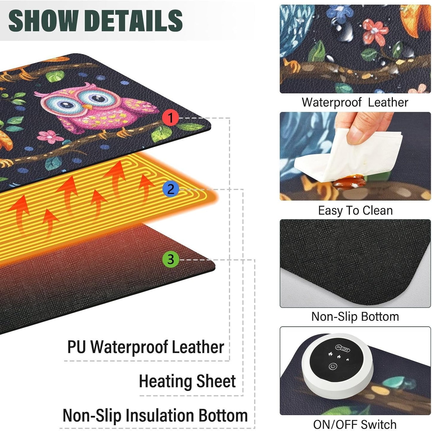 Heated Desk Pad Mouse Pad 31.5x13 Inch PU Leather Desk Mat with 3 Heat Levels Large Mouse Gaming Computer Laptop Mat Vibrant Owls Branches Flowers Spring