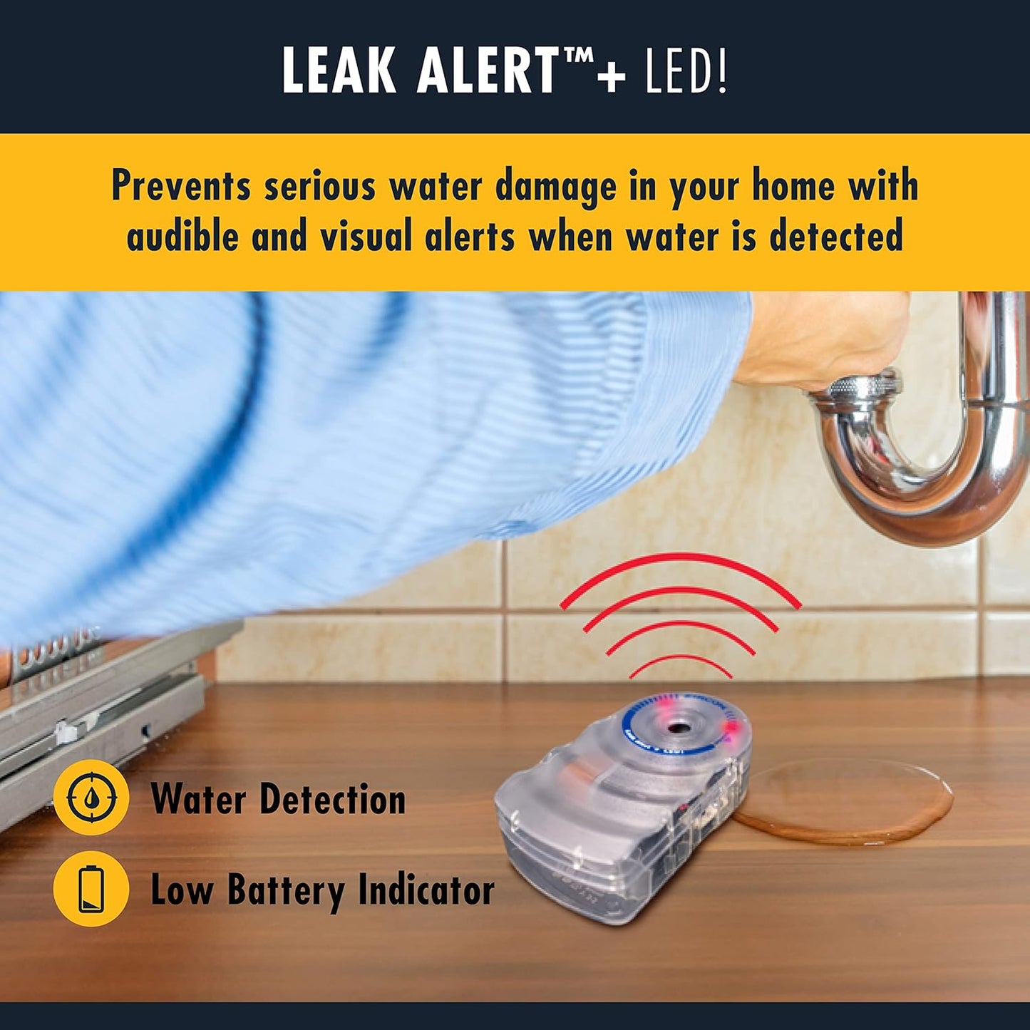 Zircon Leak Alert + LED! Water Leak Detector & Flood Sensor Alarm/Water Leak Sensor with Dual Leak Alarms 90dB Audio + Flashing LED lights/Battery Powered (5 Pack) Batteries Not Included, (72313)