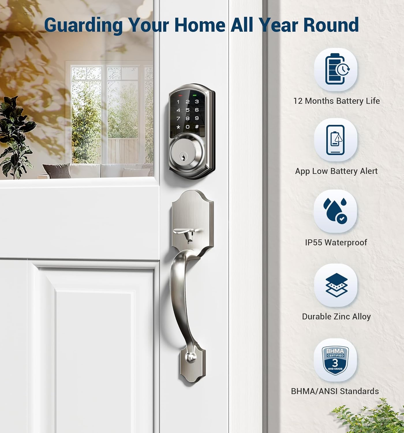 Veise VE06-H Smart Front Door Lock Set, App Control, Keyless Entry Deadbolt with Lever Handle, Electronic Digital Touchscreen Keypad, Auto Lock, Easy Install, Satin Nickel