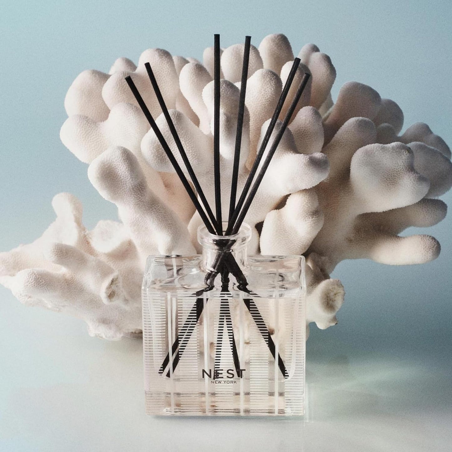 NEST New York Reed Diffuser, Ocean Mist & Sea Salt - 5.9 fl oz - Fragrance for Up to 90 Days - Reusable, Refillable Glass Holder - Includes 8 All-Natural Reed Sticks - Flame Free