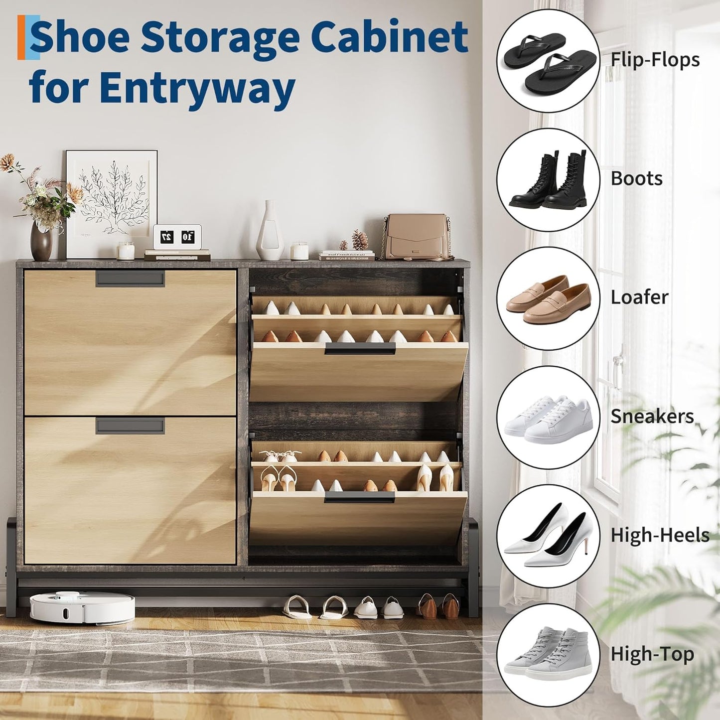 CABIHOME Shoe Cabinet Storage for Entryway, Narrow Shoe Organizers with 4 Flip Drawers, Freestanding with Metal Legs, Large Shoe Rack with 3-Tier Adjustable Shelves for Hallway, Living Room, Oak