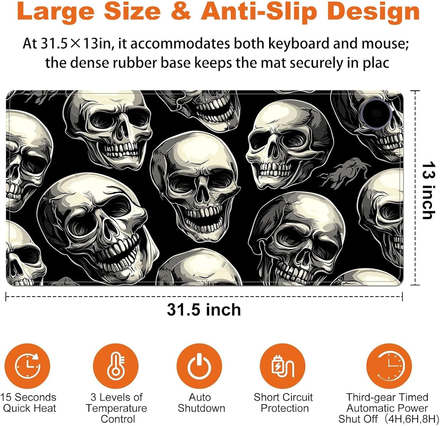 Heated Mouse Pad for Desk 31.5" x 13" – PU Leather Warm Desk Pad with 3 Heat Levels (104°F/113°F/122°F), Plug-in Electric Heating Mat with Auto Shut-Off, Waterproof & Rollable, Skull Pattern