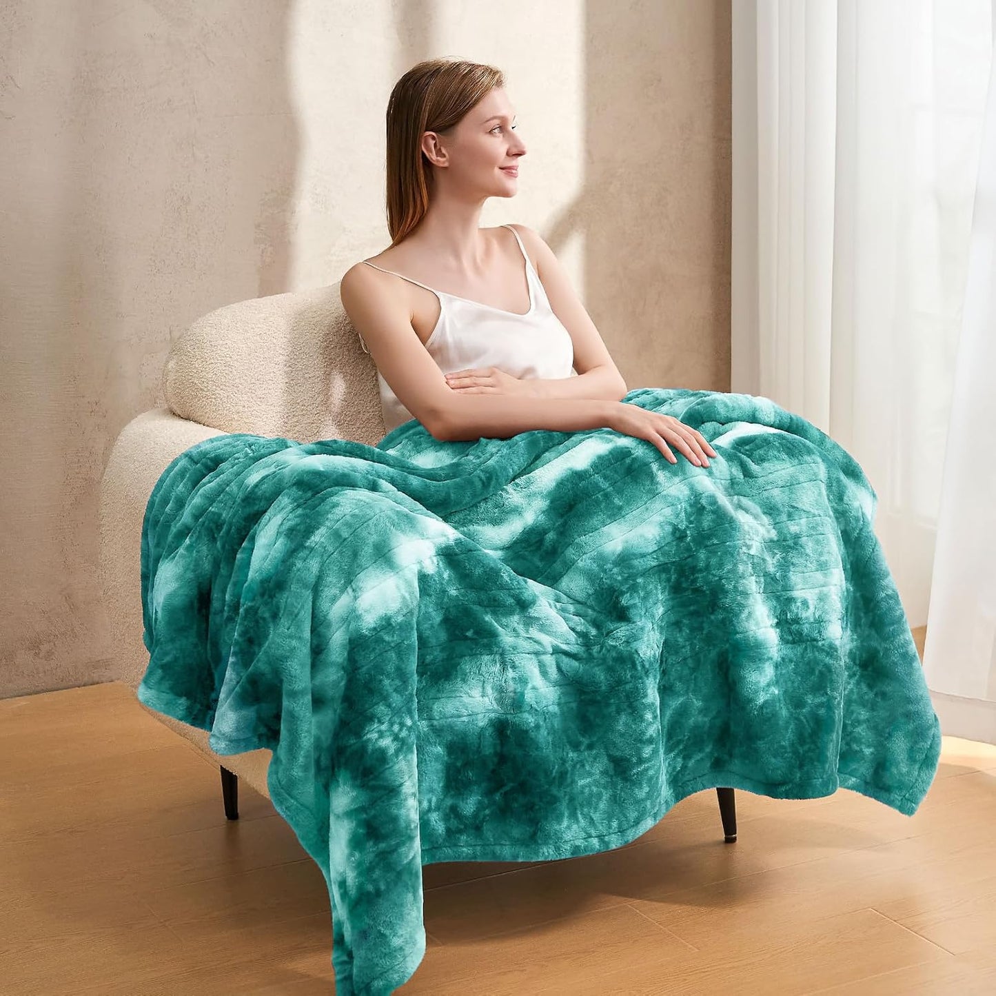 Electric Heated Blanket 62"x84", Luxury Green Twin Faux Rabbit Fur Electric Blanket, Fast Heating Soft Fluffy Thick Electric Blanket with 6 Heating Levels & 12H Auto Off