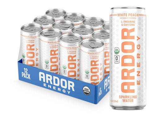 ARDOR ENERGY Sparkling Water with 100mg Natural Caffeine & 200mg L-Theanine from Organic Green Tea for Smooth Energy & Focus | Healthy Energy Drink | No Sugar, Zero Calories, Vegan, Gluten-Free | White Peach (Pack of 12, 12oz cans)