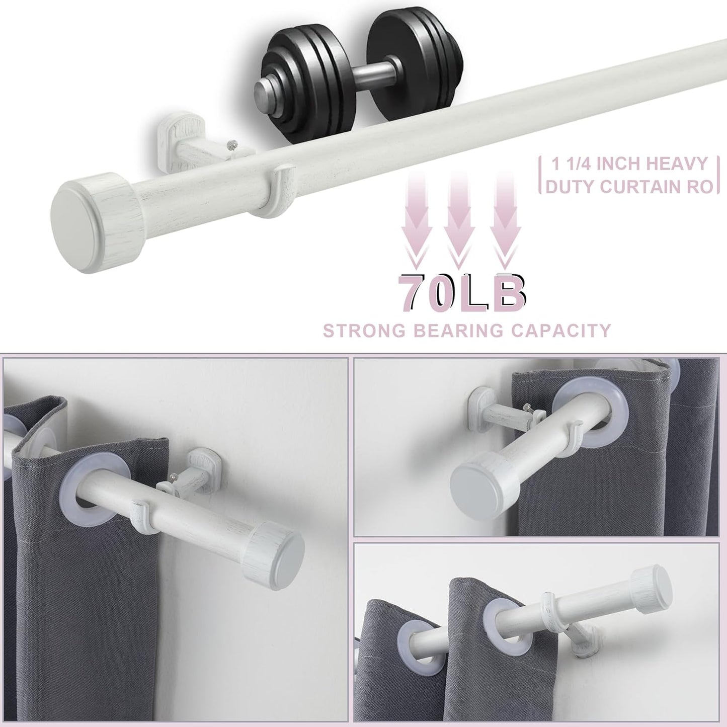 Heavy Duty Curtain Rods,1 1/4" Large Diameter Premium Nonadjustable Curtain Rod,72in/6ft Custom Window Treatment Rods with Durable Aluminum Brackets and End Caps,White Finish