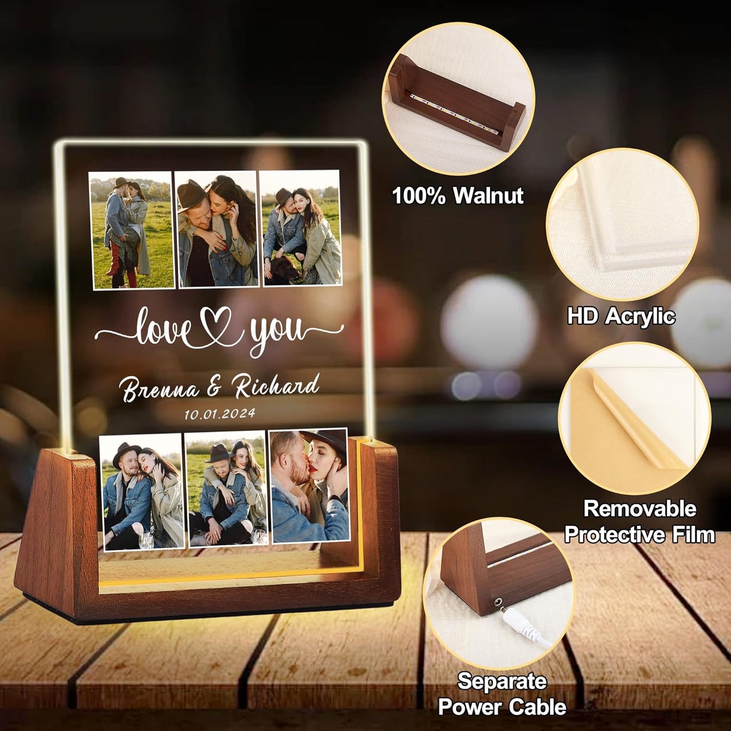 Personalized Birthday Christmas Gifts For Boyfriend Girlfriend Him Her Husband Wife, Custom Light Up Photo Frame Acrylic Plaque With Picture Name, Unique Anniversary Couple Gifts For Women Men