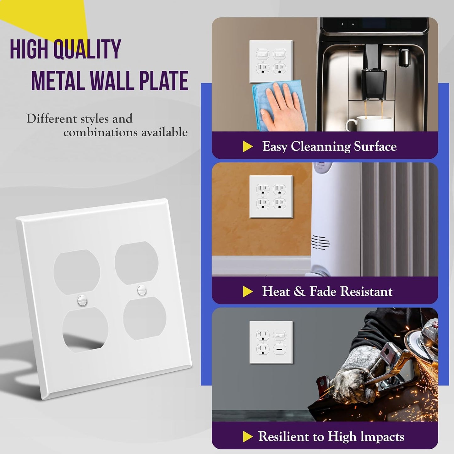 ENERLITES Double Duplex Receptacle Metal Wall Plate, Corrosion Resistant, Standard Size 2-Gang 4.50" x 4.57", Powder Coated Stamped Steel, 7722-WG, White Gloss