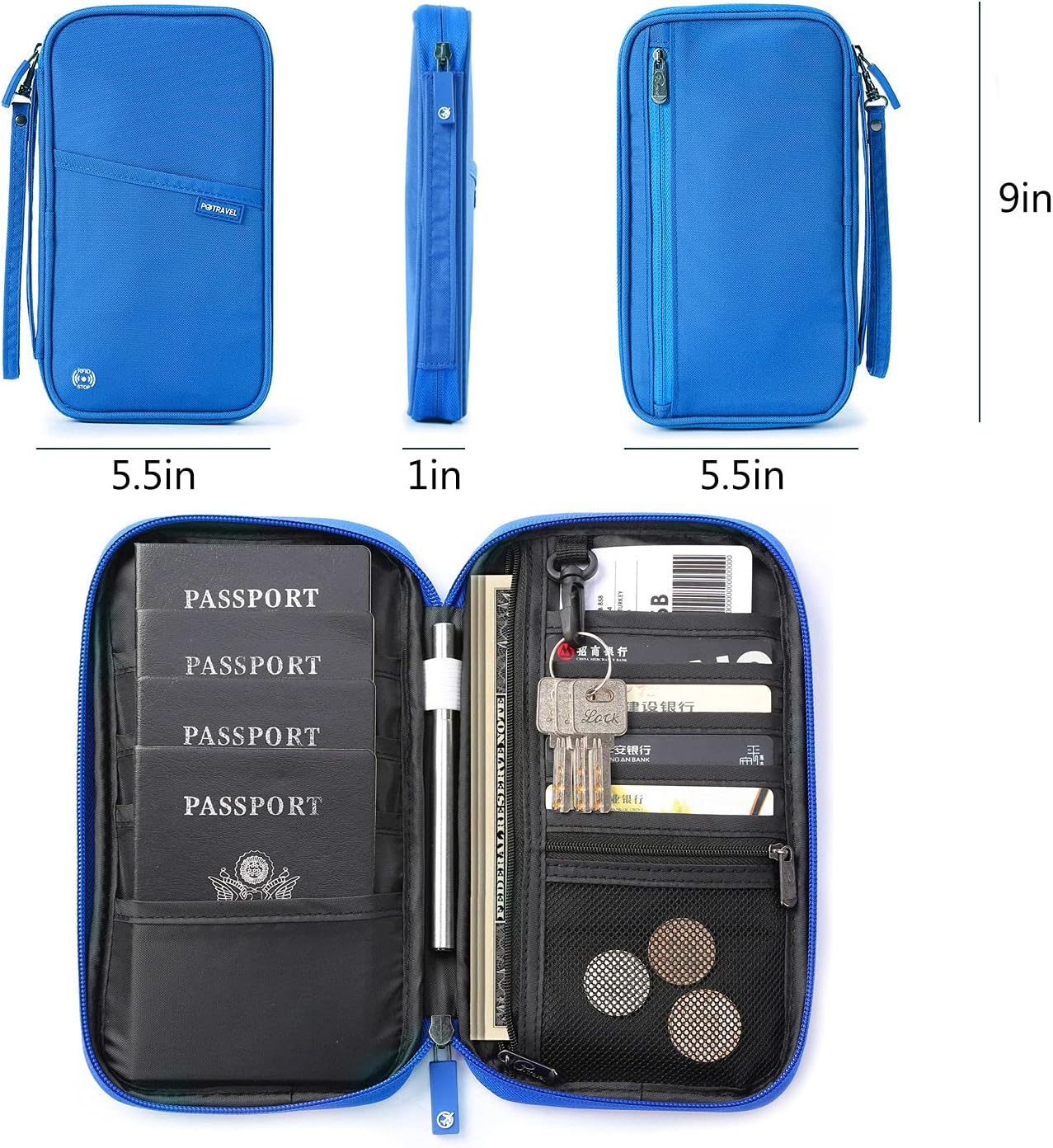 VanFn RFID Travel Passport Wallet, Family Passport Holder, Trip Document Organizer P.Travel Series (Nylon - Blue)