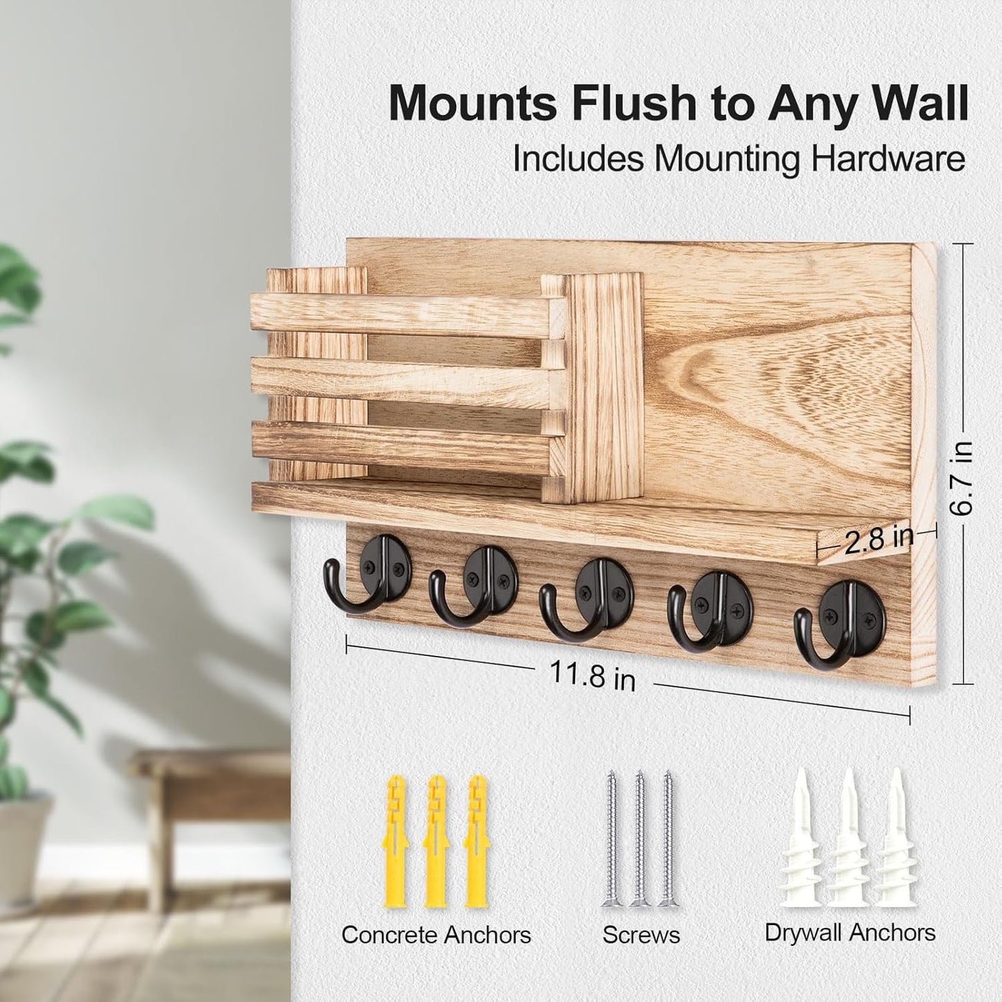Key Holder for Wall – Decorative Wooden Mail Holder and Key Shelf with Mounting Hardware, Installation Guide – Paulownia Wood with 5 Metal Key Hooks (11.8” x 6.7” x 2.8”)