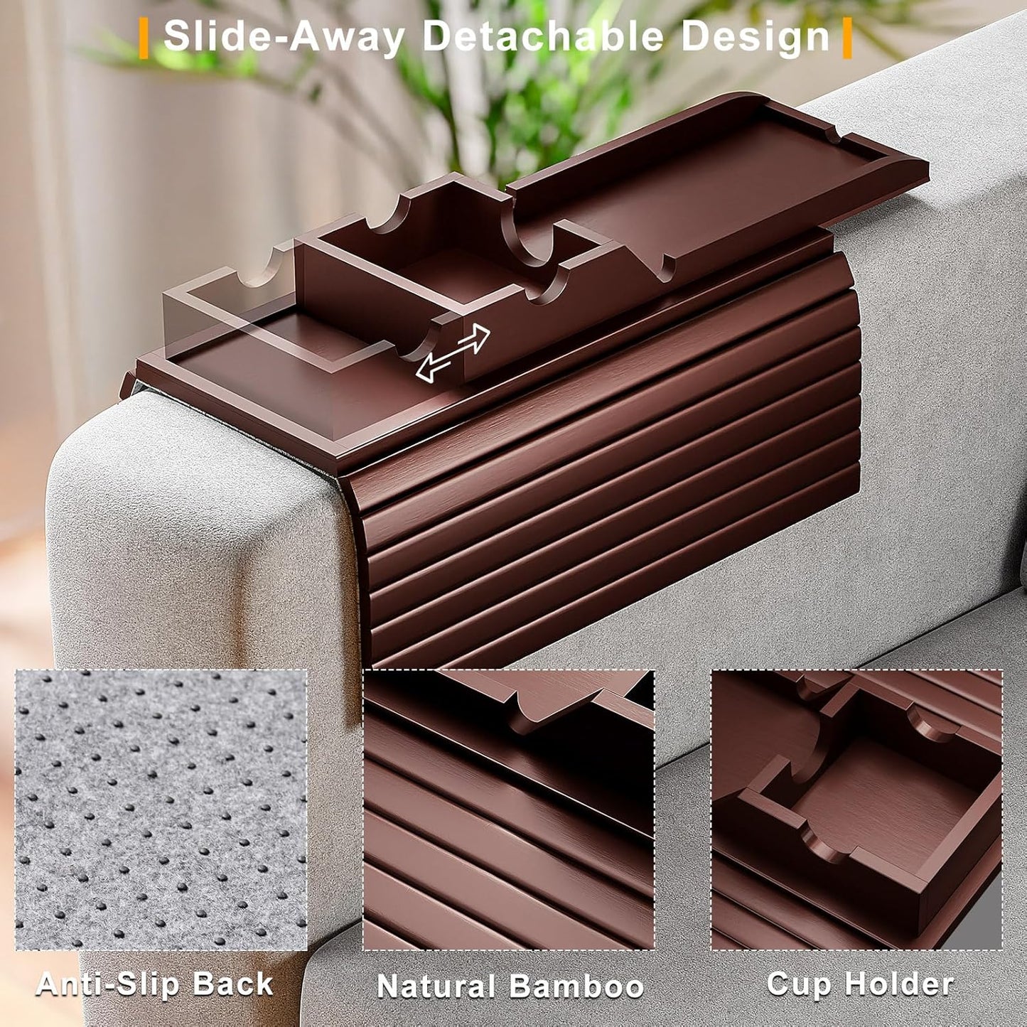 Bamboo Couch Armrest Table, Sofa Arm Tray with Detachable Couch Cup Holder- 2 in 1 Anti-Slip Foldable Sofa Armchair Caddy Table for Drinks Cellphone TV Remote Snacks (Walnut)