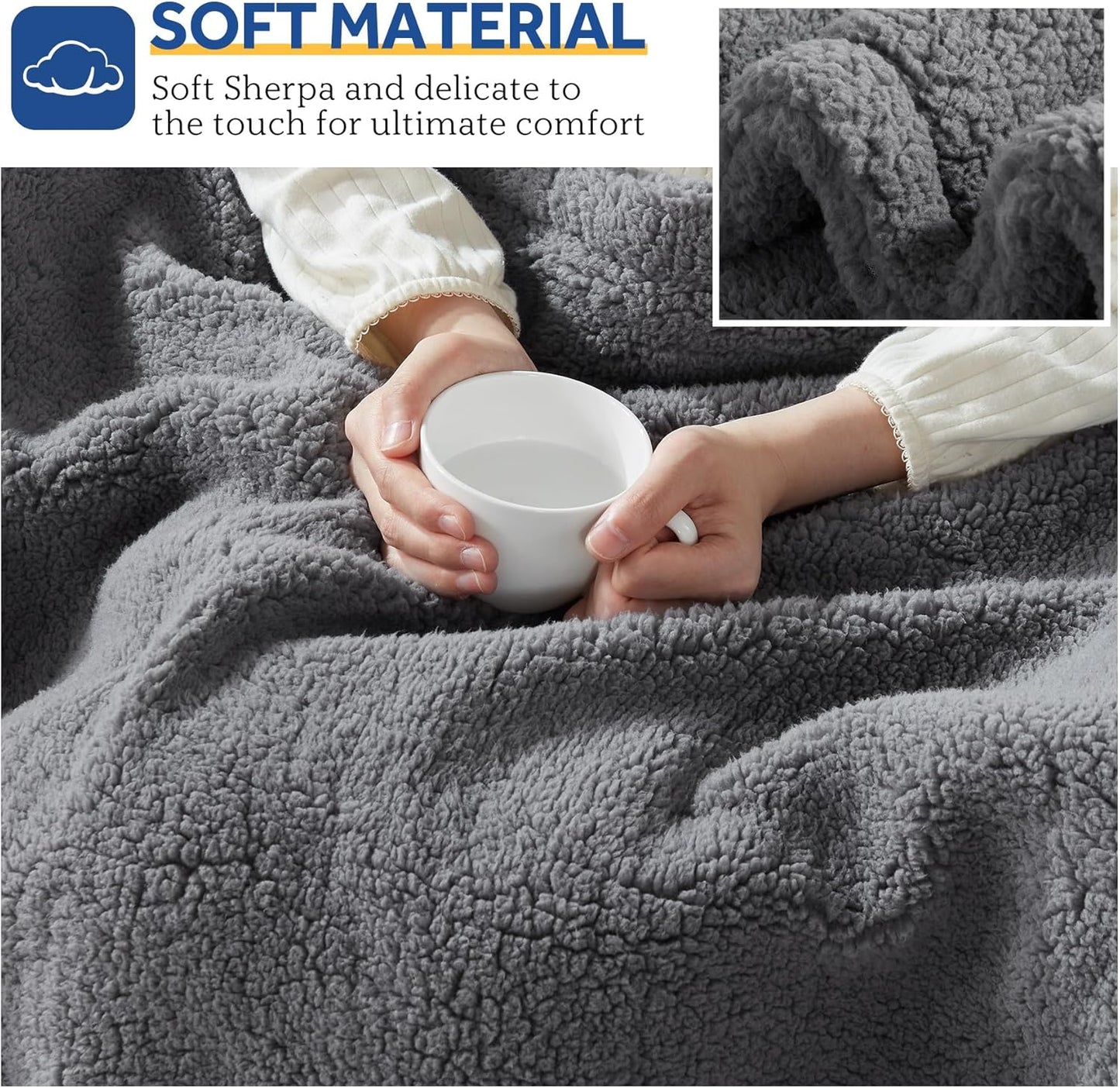 SEALY Electric Blanket Heated Throw 50"x60" Soft Double Sherpa Super Cozy with 6 Fast Heating Levels & 2-10 Hours Auto-Off, Over-Heat Protection, Machine Washable, Dark Grey