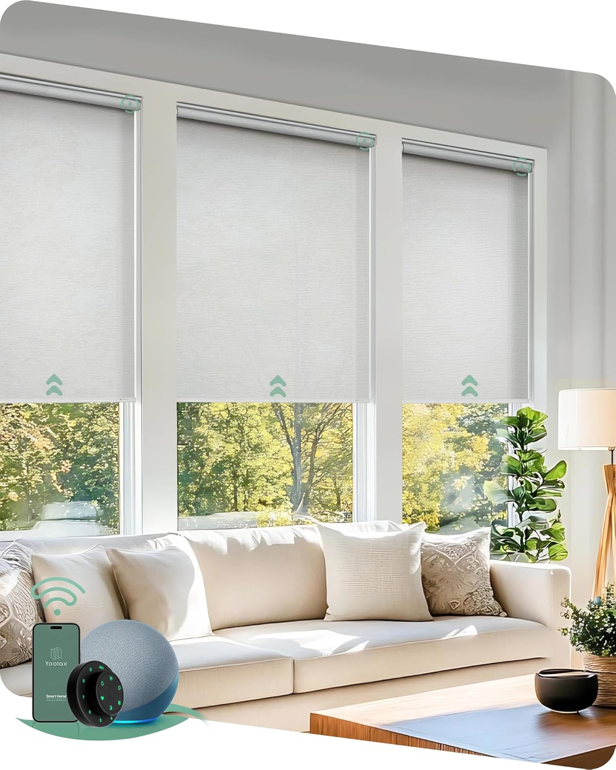 Yoolax Motorized Solar Shades, Flame Resistat Smart Blinds for Windows Motorized Roller Shades, Motorized Blinds Compatible with Alexa Custom Size (Solar-3% Openness White)