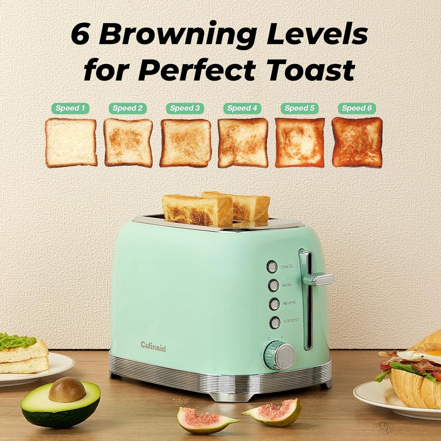 Toaster 2 Slice Retro Stainless Steel with 1.5” Extra Wide Slots Bagel, Defrost, Reheat, Cancel Functions, 6 Bread Shade Settings, Removable Crumb Tray, Aqua Green