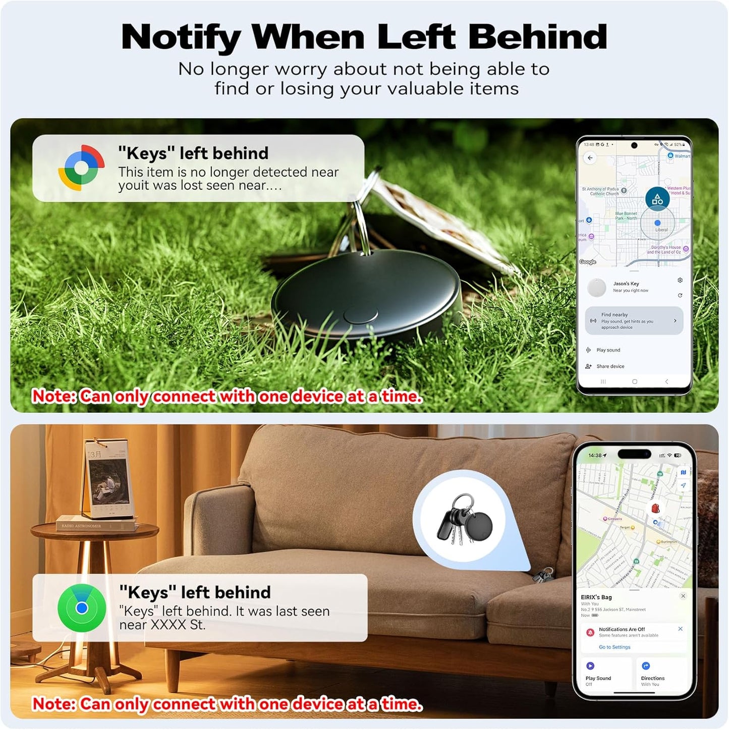Eelexa Smart Tag Tracker, Dual System Air Tracker Tag for iOS and Android, Compatible with Apple Find My or Google Find Hub Smart Keys Finder Item Locator with Waterproof&Light (Black-4Pack)