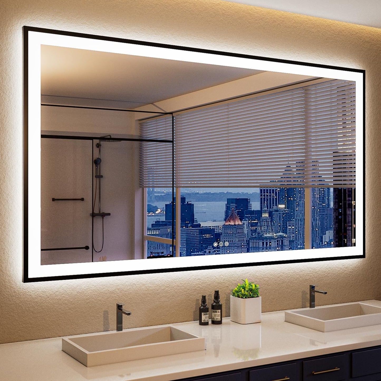 ISKM Framed LED Mirror for Bathroom 60"x36", Dimmable LED Bathroom Mirror with Lights, Anti-Fog, Front and Backlit Lighted Mirror 3-Colors, Shatterproof, Memory Function