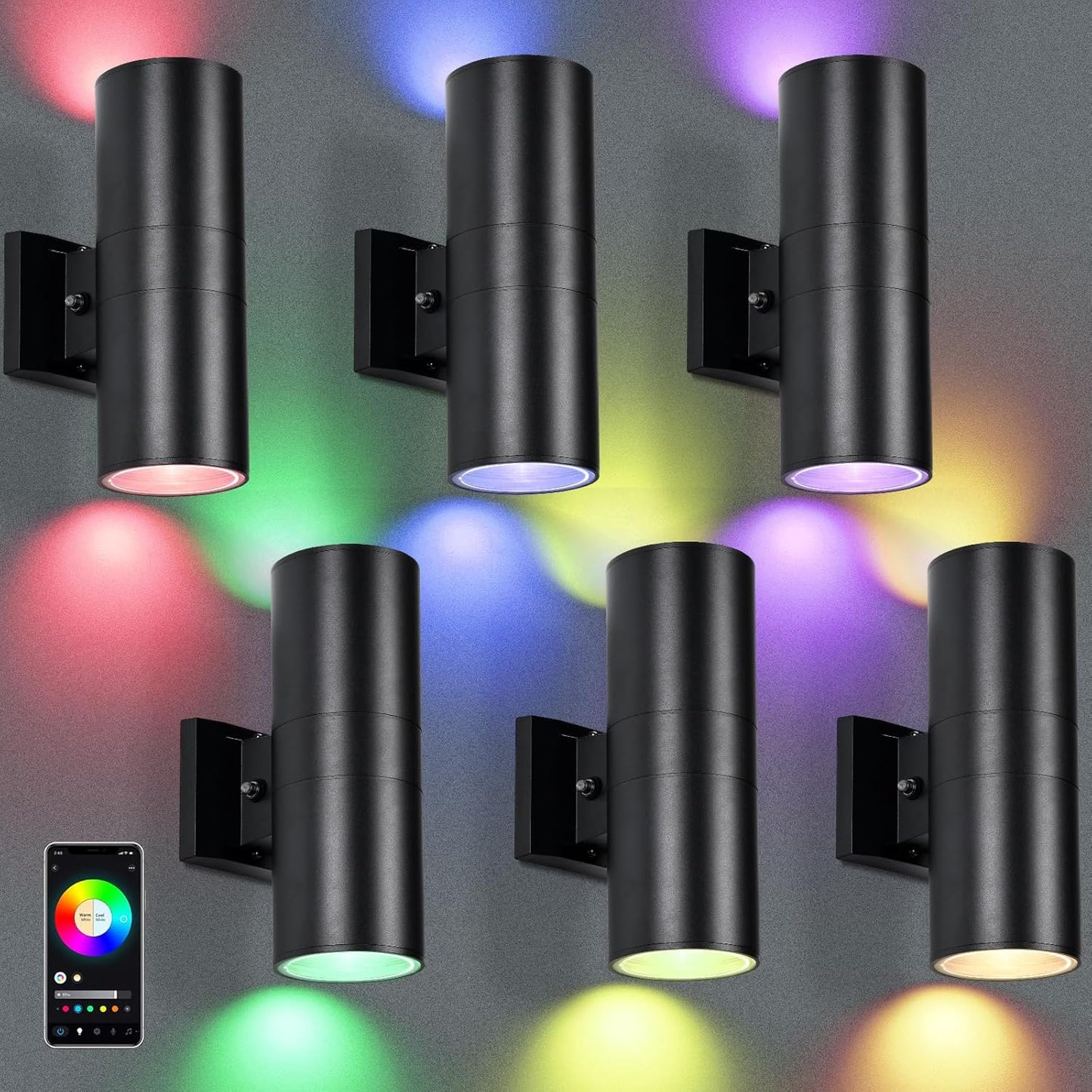 RGBCW Outdoor Wall Light 6 Pack, Smart Porch Light Dusk to Dawn Lighting with Remote Control, WiFi Outdoor Wall Sconce, Compatible with Alexa, Exterior Lights for House Porch Garage