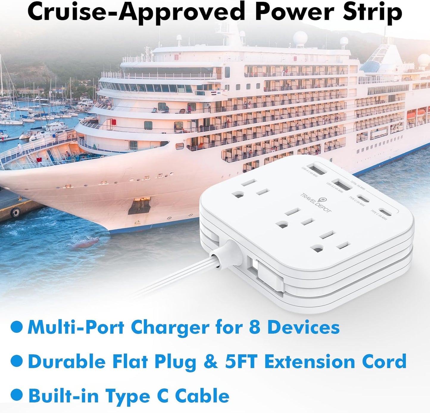Cruise Essentials Flat Plug Power Strip, Durable 5 ft Extension Cord w/ 3 Outlets Extender & Built-In Type C Cable, 2 USB & 2 USB-C Ports, No Surge Protector for Cruise Travel, Dorm, Home