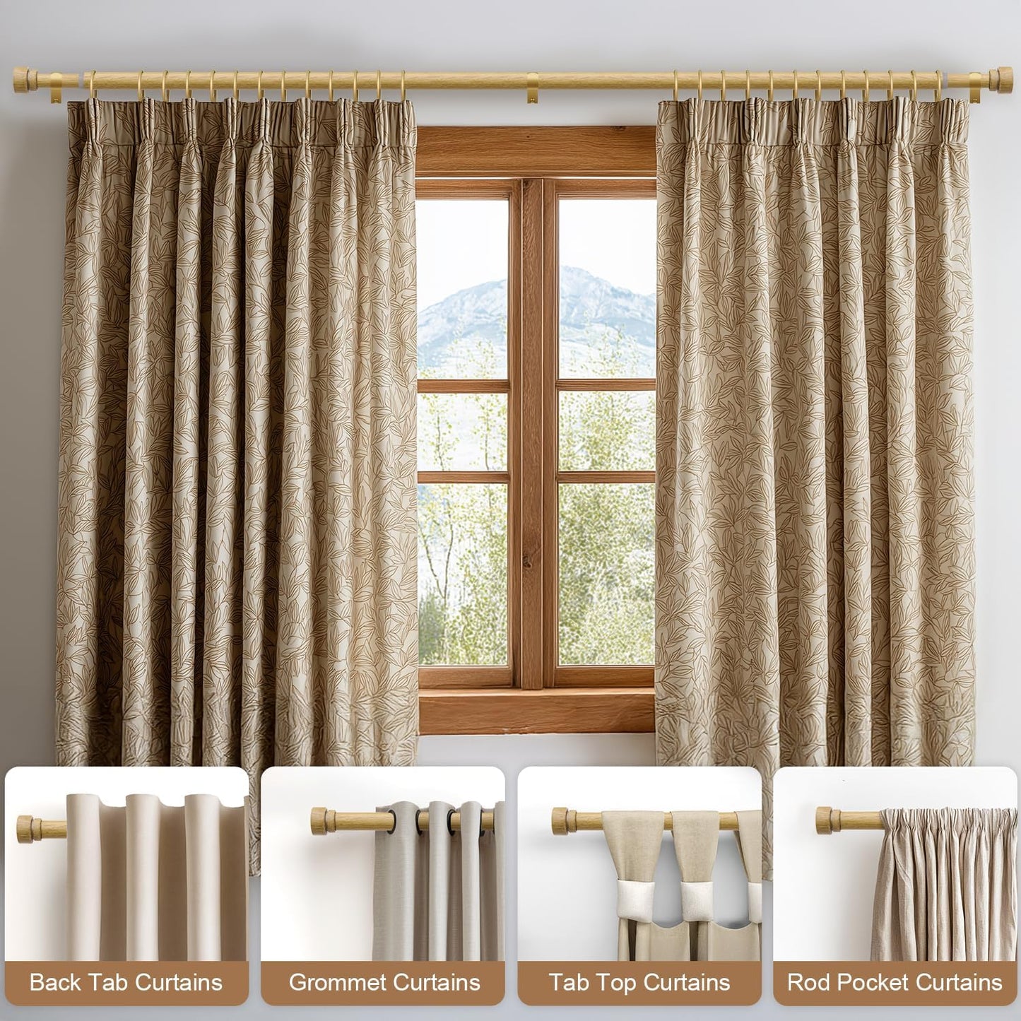 Natural Light Wood Grain Curtain Rods for Windows 28 to 48 Inches 1" Diameter Heavy Duty Window Curtain Rod Adjustable with Solid Finials for Living Room Bedroom Kitchen Farmhouse Outdoor