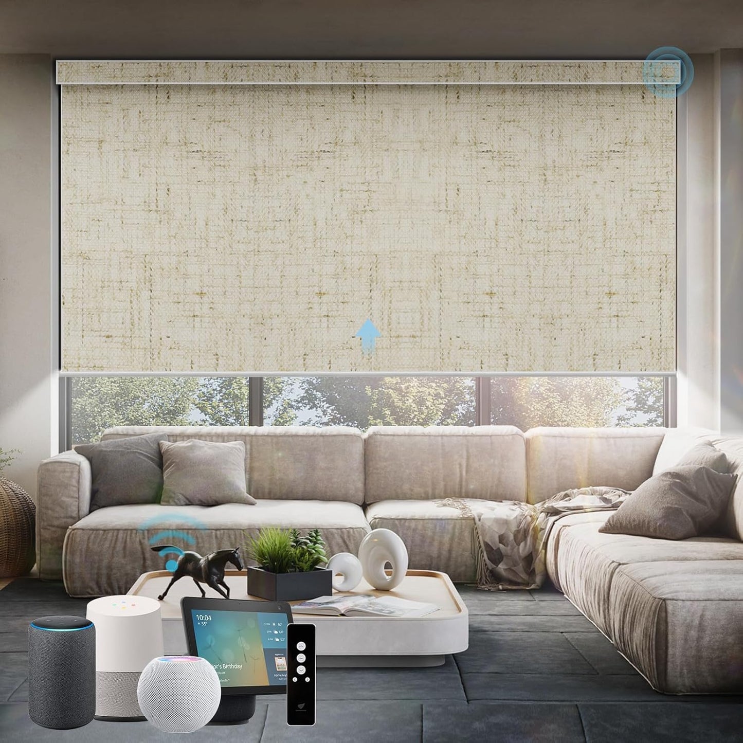 SmartWings Motorized Roller Shades Work with Homekit, 100% Blackout Smart Blinds for Windows, Cordless Remote Control Window Shades, Linen Stone, Customized Size