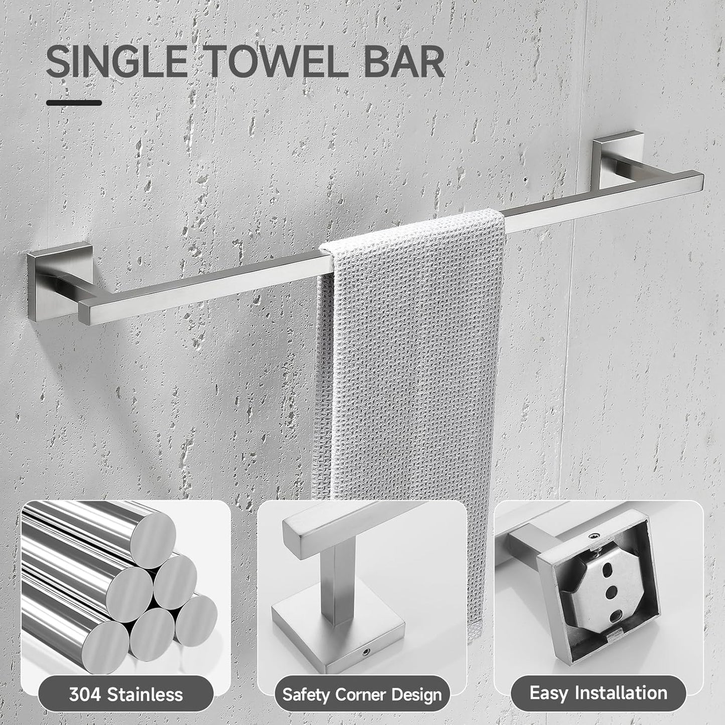 TQKAG Brushed Nickel Bathroom Hardware Accessories Set 10 Pieces, 23.6" SUS304 Stainless Steel Towel Bar Set Wall Mounted Includes Single Towel Bar, Towel Ring, Toilet Paper Holder, Double Towel Hooks