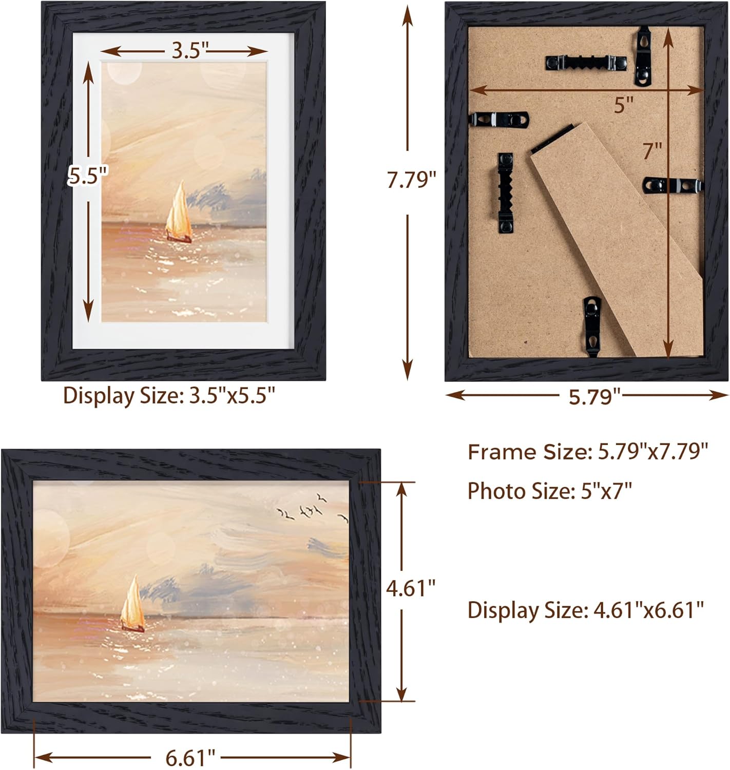 5x7 Picture Frame, Solid Oak Wood 5 x 7 Frame with Plexiglass, 5 by 7 Photo Frame for Wall & Tabletop Display, 5x7 Picture Frame Matted to 4x6, Black Color, 3 Pack