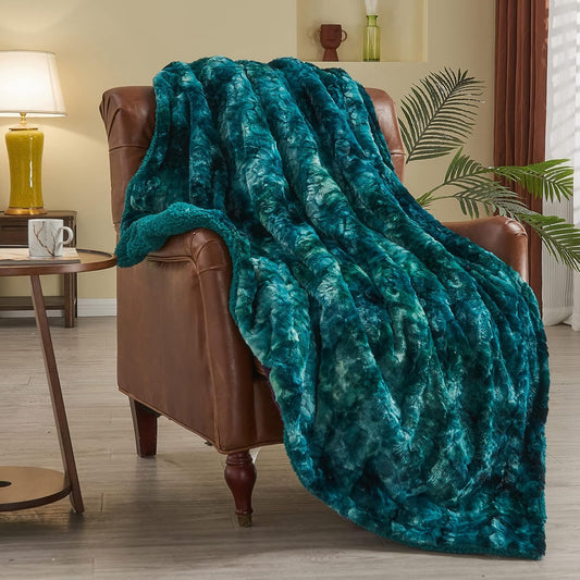NEWCOSPLAY Super Soft Faux Fur Throw Blanket for Couch Tie-dye Dark Teal Sherpa Fuzzy Plush Warm Blanket for Sofa Bed (Tie-dye Dark Teal, Throw(50"x60"))