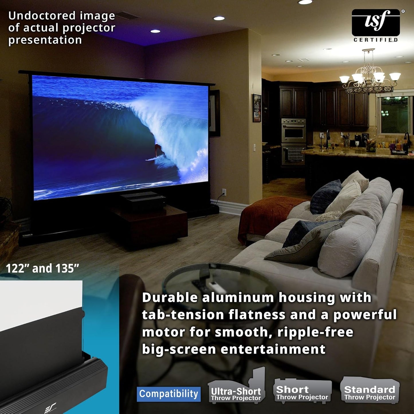 Elite Screens Kestrel Tab-Tension 3 CineWhite, 135 inch 16:9 Aspect Ratio, ISF Certified, Electric Floor-Rising Motorized Tab-Tensioned Front Projector Screen, Programmed Remote Kit, FTE135H3