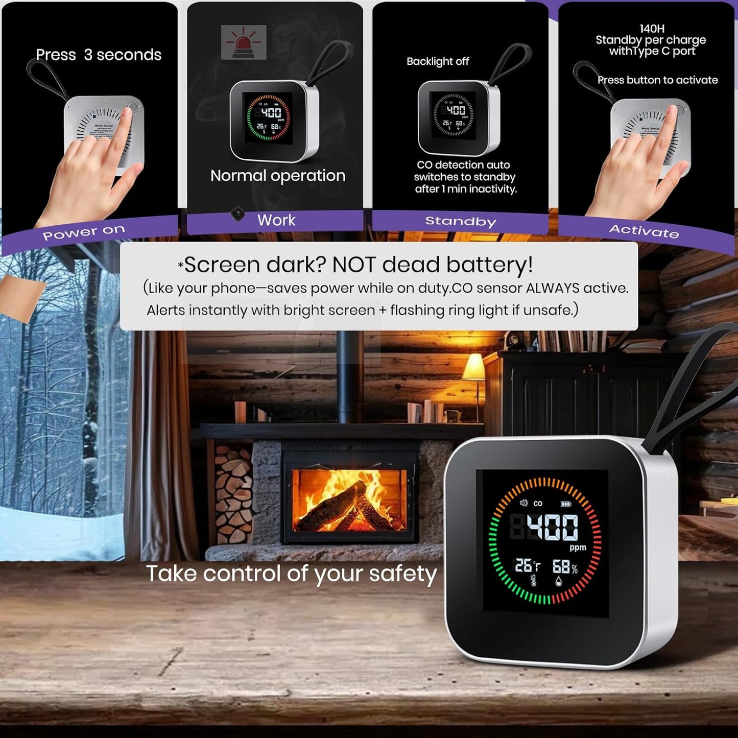 3-in-1 Portable Carbon Monoxide Detector for Travel – UL-Compliant CO Alarm with Temperature and Humidity Monitor, USB-C Rechargeable for RV, Hotel, Camping(1, Silver)