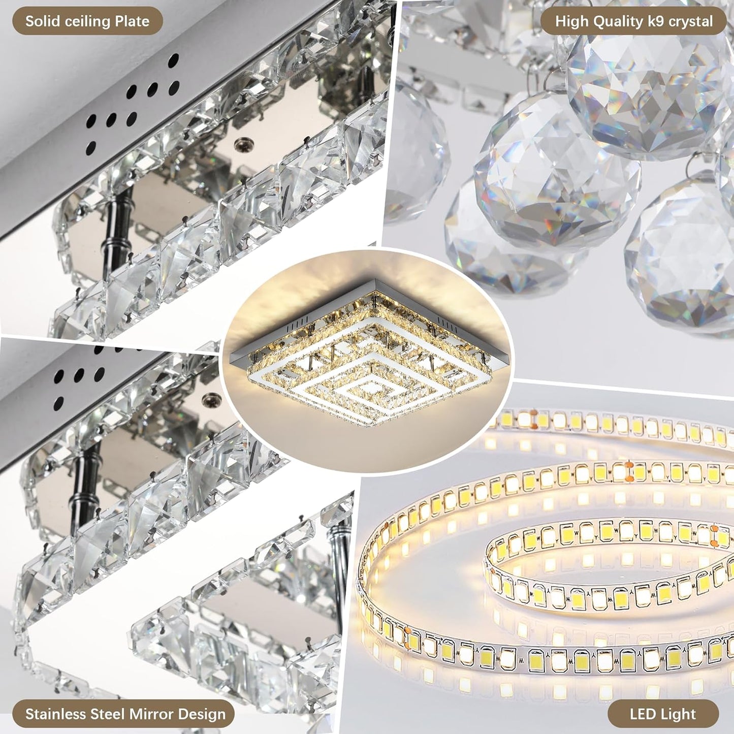 34" Modern Crystal Chandelier with Remote/App Control, Dimmable Flush Mount Ceiling Light Fixture, 3-Color Temperature, Led Ceiling Lamp for Living Room Bedroom Kitchen Dining Room Entryway