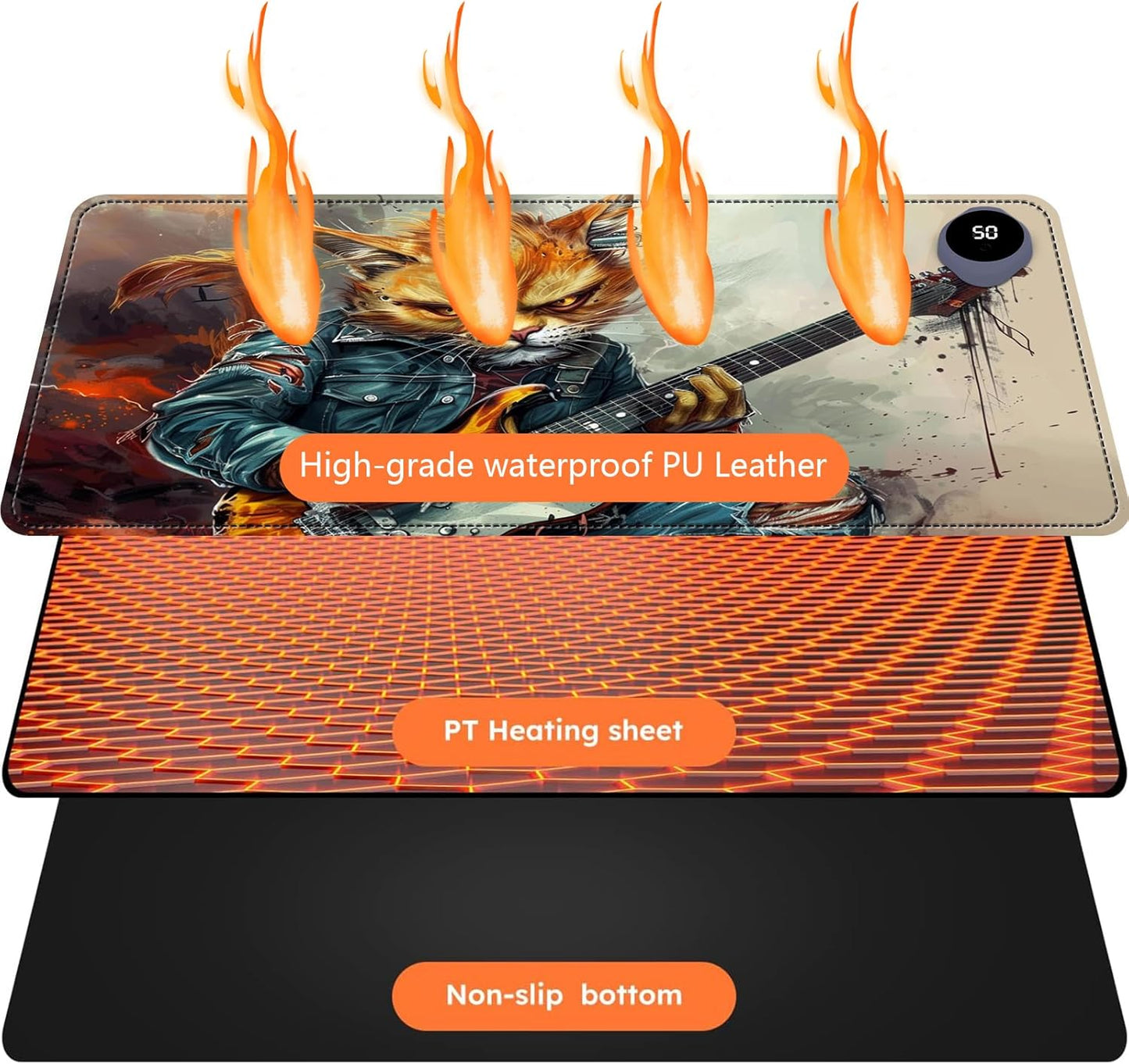 Heated Mouse Pad with 3 Levels Heated & 3 Hours Auto Shut-Off Mouse Pad for Warming Hands in Office Home, 23.6" x 14.2"Large Safe Desk Mat Hand Warmer，Cat Playing Guitar