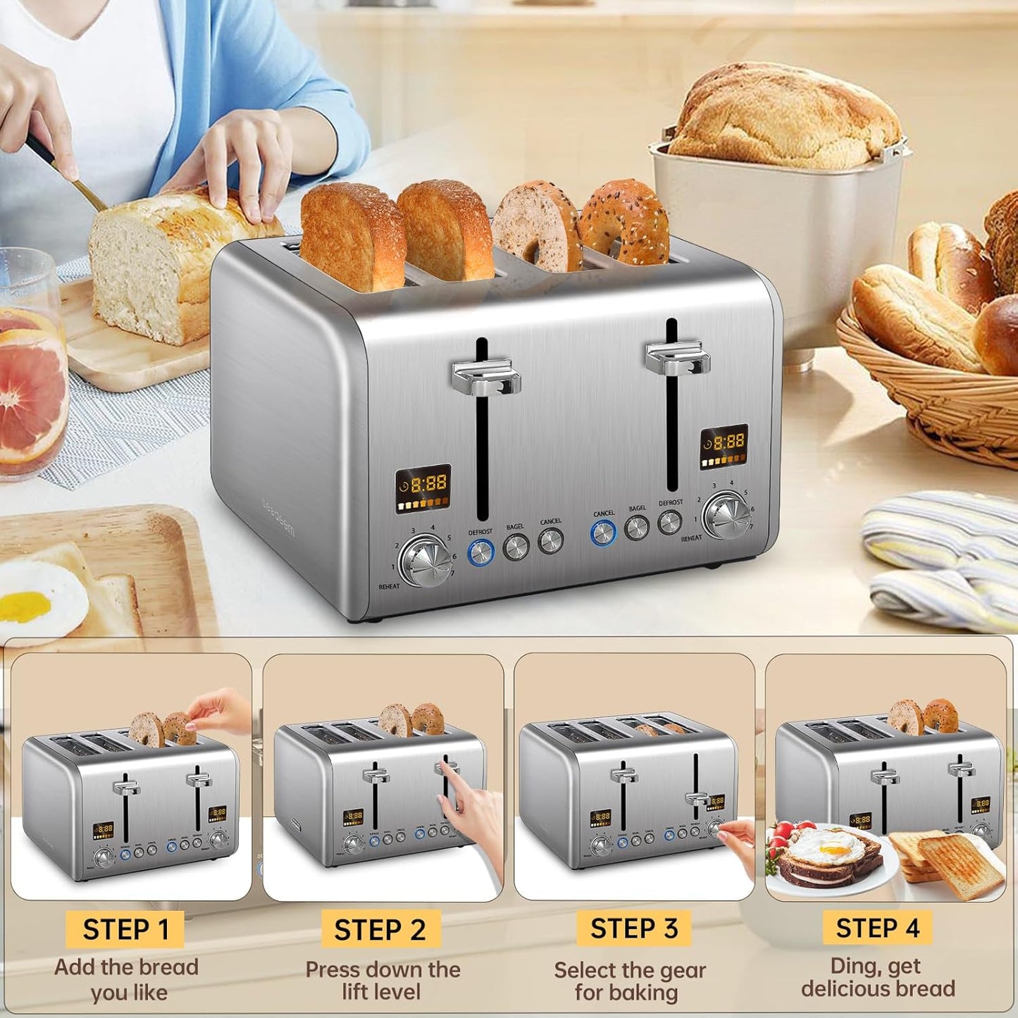 SEEDEEM 4 Slice Stainless Toaster - Color LCD Display, 7 Shade Settings, 1.5'' Wide Slots with Bagel/Defrost/Reheat Functions, Removable Crumb Tray, Silver Metallic, 1800W