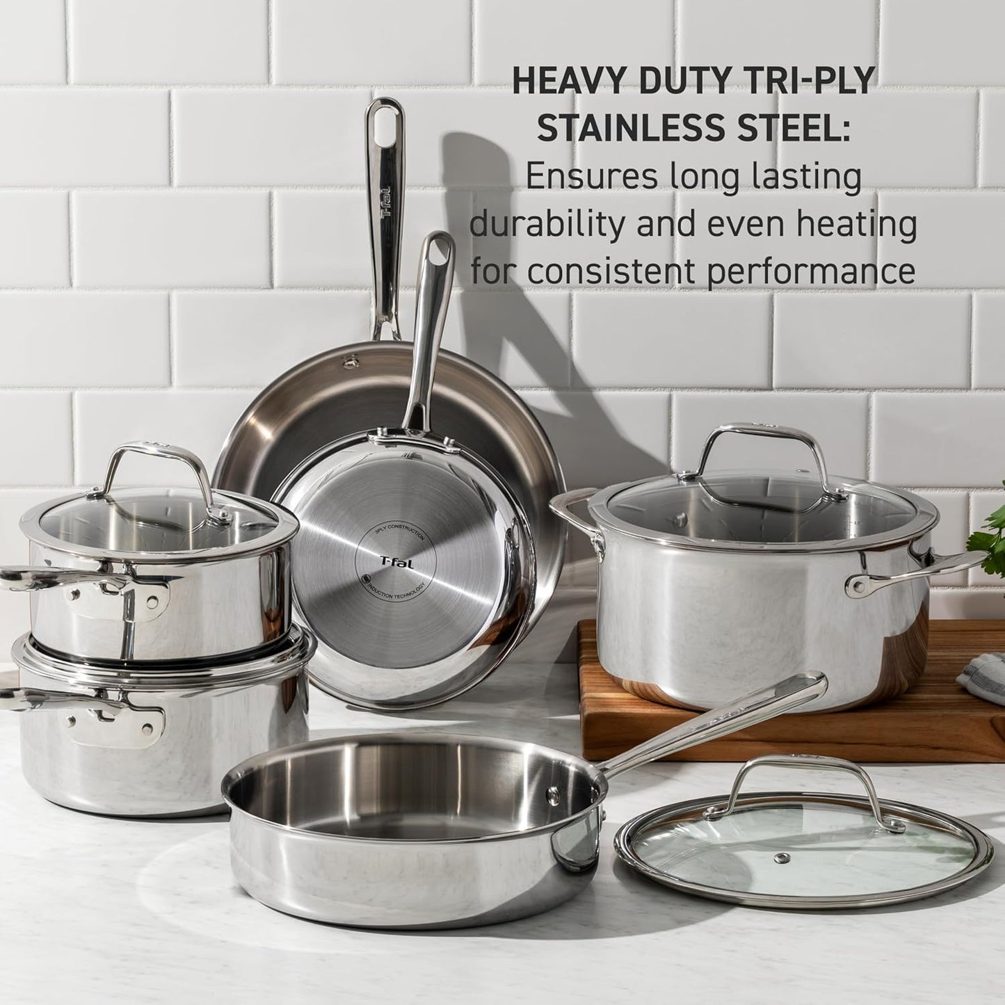 T-Fal Pro Tri-Ply Stainless Steel Cookware Set, 3-Piece Induction Cookware, Oven Safe 500F, Fast & Even Heat, Professional Quality, Durable Pots and Pans Set, Fry Pan, Silver