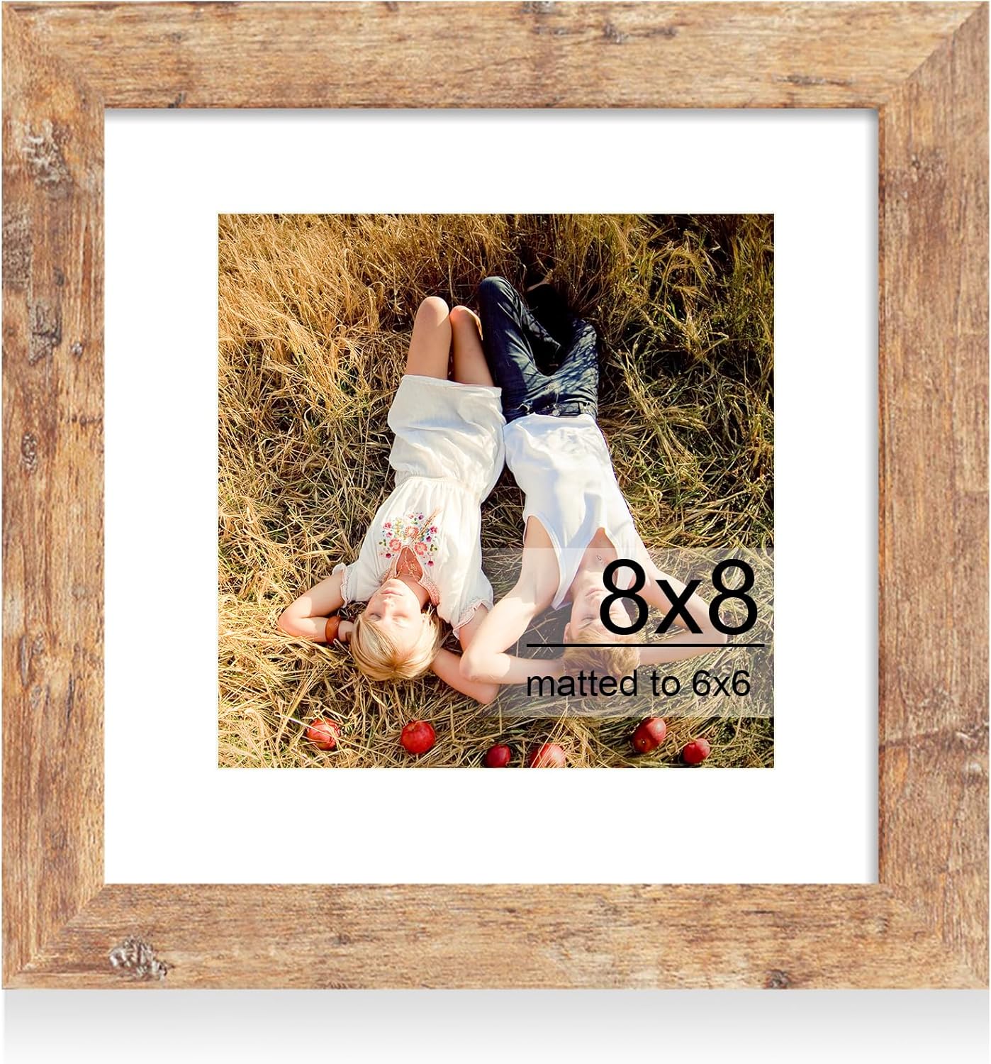 iRahmen 8x8 Picture Frame with HD Tempered Glass, Display Pictures 6x6 with Mat or 8 x 8 Without Mat, Wood Photo Frame for Tabletop and Wall (Rustic Brown, 1 Pack)