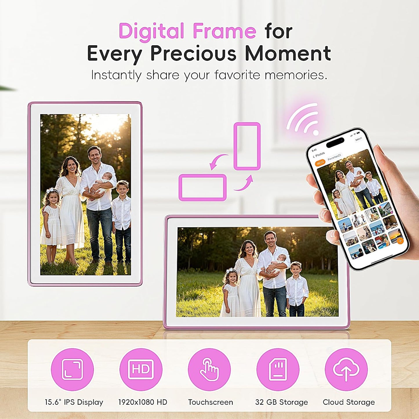 Westsee 15.6" Digital Wall Calendar Frame – Interactive Touchscreen Eletronic Calendars, Smart Family Planner for Schedule, Photo Display, Meals, Chore Chart & Tasks, Wall & Desk Mountable (Pink)