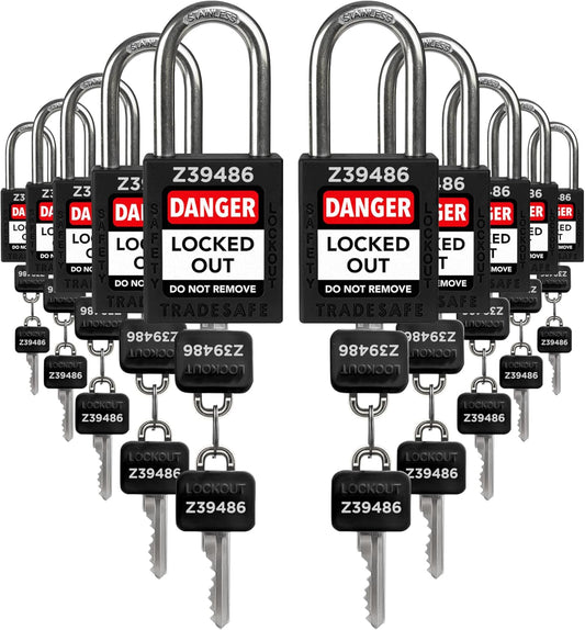 TRADESAFE Lockout Tagout Lock Sets, 10 Black Keyed Alike Safety Padlocks, 2 Keys Per Lock, OSHA Compliant Loto Locks, for Lockout Tag Out Stations - Premium Grade