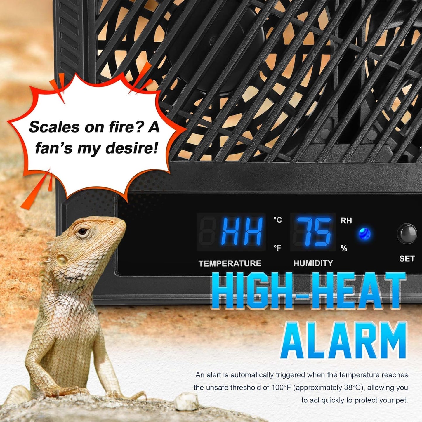 Reptile Intelligent Double Ventilation Fan with Humidity Sensor and High-Temp Alarm, Fan Dehumidifier for Reptile Terrariums, Suitable for overly humid, Rainforest and Ecological Tanks