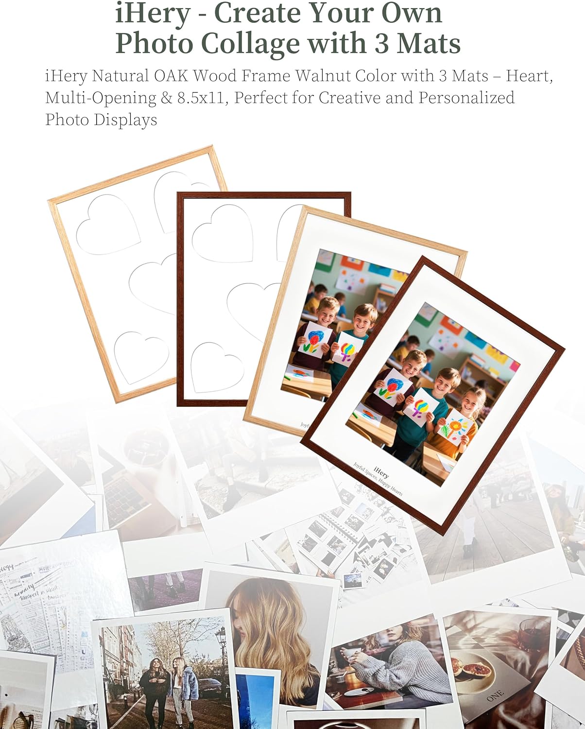 iHery Standard 12x16in Natural OAK Wood Picture Frames Collage For Wall Decor, Walnut Color Includes 3 Mats (Heart, 4x6/5x7 Multi-Opening, 8.5x11) DIY Gallery Photo Display Mom Birthday Gift 1Pack