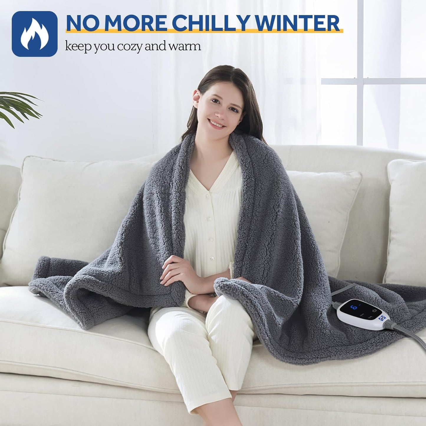 SEALY Electric Blanket Heated Throw 50"x60" Soft Double Sherpa Super Cozy with 6 Fast Heating Levels & 2-10 Hours Auto-Off, Over-Heat Protection, Machine Washable, Dark Grey