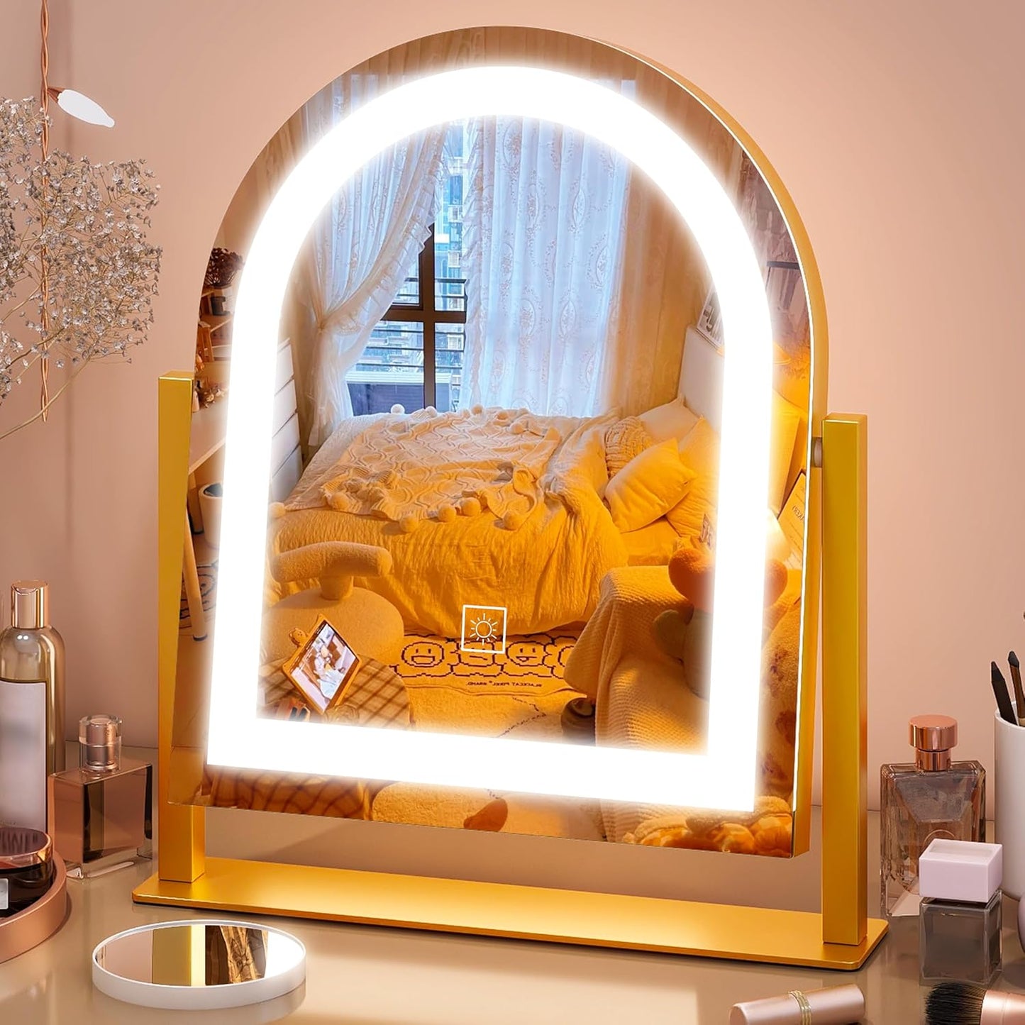 FENNIO Large Vanity Mirror with Lights - 15.5"x13" LED Lighted Makeup Mirror with Lights, 10X Magnification, Touch Screen with 3-Color Lighting, Dimmable, for Vanity Desk Tabletop, Bedroom（Gold）