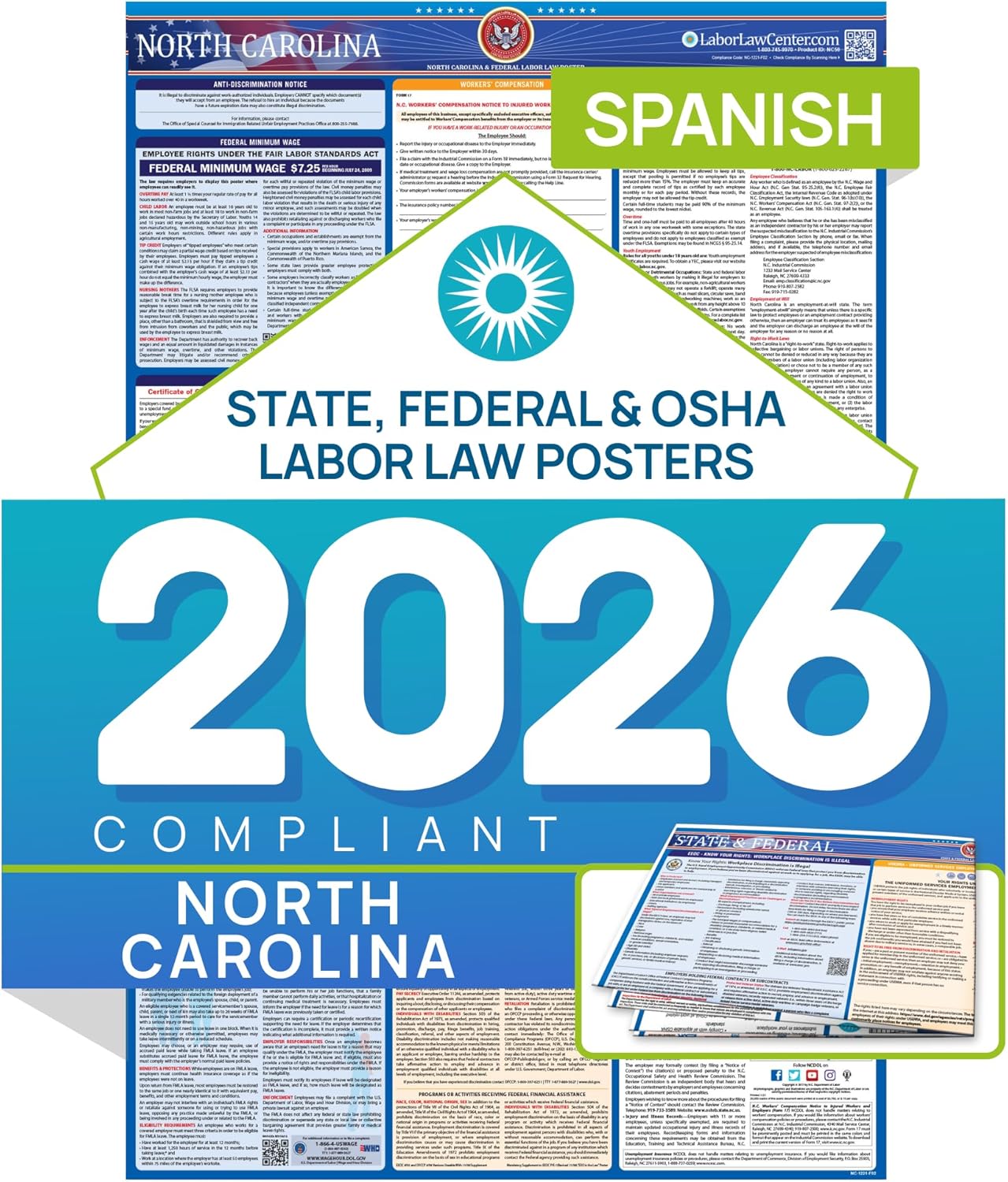2026 North Carolina Labor Law Poster – State & Federal Compliance in Spanish – OSHA, EEOC, FMLA, Minimum Wage – Durable, Laminated & Waterproof Workplace Employment Poster – Made in USA – 26” x 39.5”