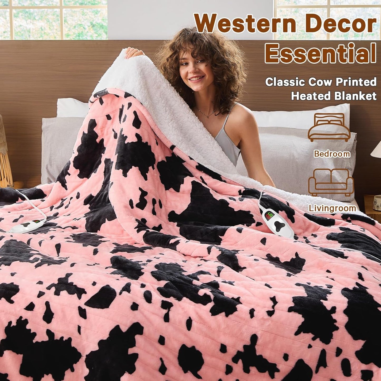 Cow Print Heated Electric Blanket Throw,50X60 Light Pink Heating Blanket with 10 Heats Levels & 8 Hours Auto Off,Highland Cow Stuff Fleece Sherpa Blankets Warmer Gifts for Women Adults Washable