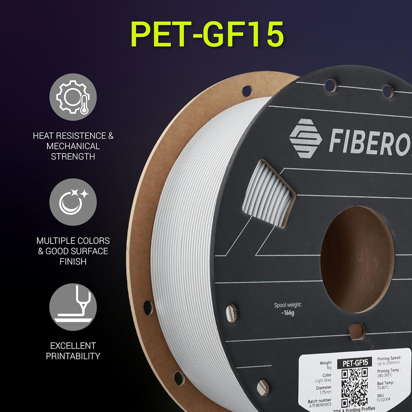 Polymaker Fiberon White PET-GF15 3D Printer Filament 1.75mm 1KG, 15% Glass Fiber Reinforced, High Strength & Heat Resistance, Ideal for Automotive, Industrial & Functional Parts, AMS Compatible
