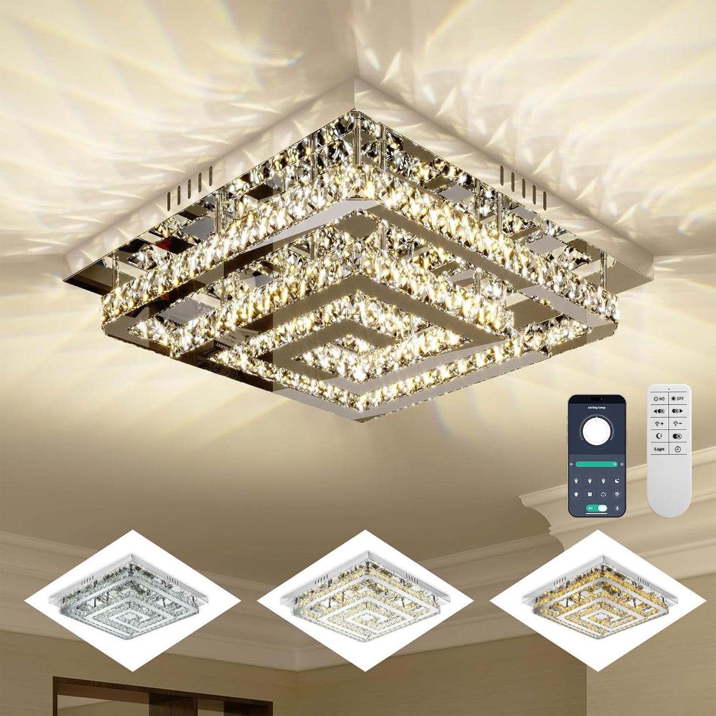 34" Modern Crystal Chandelier with Remote/App Control, Dimmable Flush Mount Ceiling Light Fixture, 3-Color Temperature, Led Ceiling Lamp for Living Room Bedroom Kitchen Dining Room Entryway