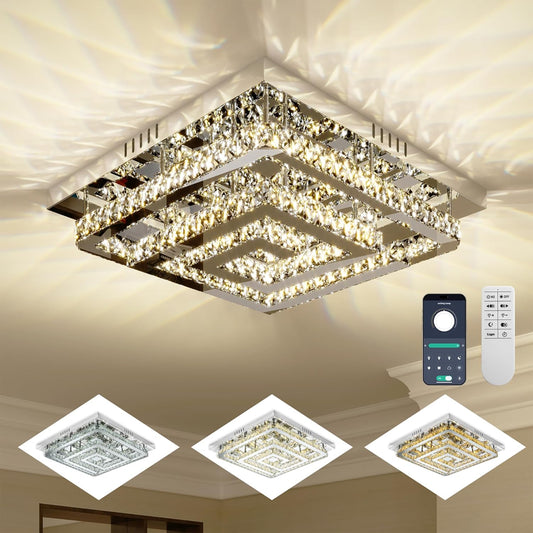 34" Modern Crystal Chandelier with Remote/App Control, Dimmable Flush Mount Ceiling Light Fixture, 3-Color Temperature, Led Ceiling Lamp for Living Room Bedroom Kitchen Dining Room Entryway
