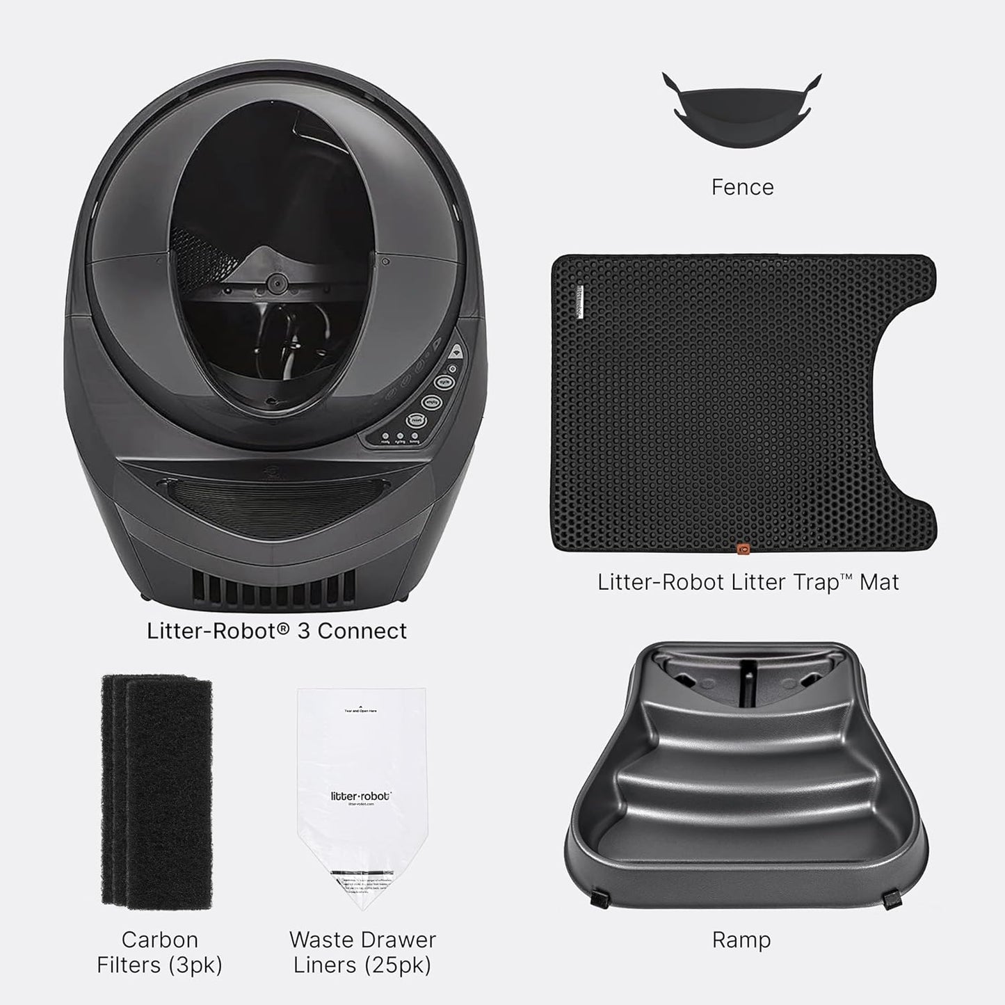 Litter-Robot 3 Connect Core Bundle by Whisker, Grey - Includes Automatic, Self-Cleaning Litter Box, LitterTrap Mat, Fence, Ramp, 25 Liners, 3 Carbon Filters & WhiskerCare 1-Year Warranty