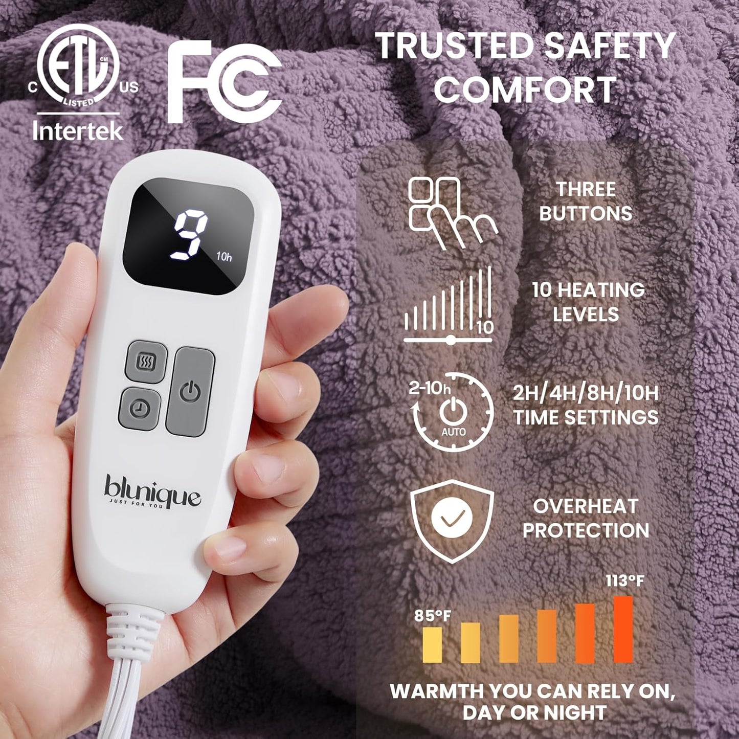 Heated Blanket Electric Blanket Throw - Fast Heating Blanket Throw Double Sided Sherpa Ultra Soft Cozy with 10 Heating Levels & 2-10 Hours Auto Off, Mashine Washable, 50 x 60 Inches, Purple