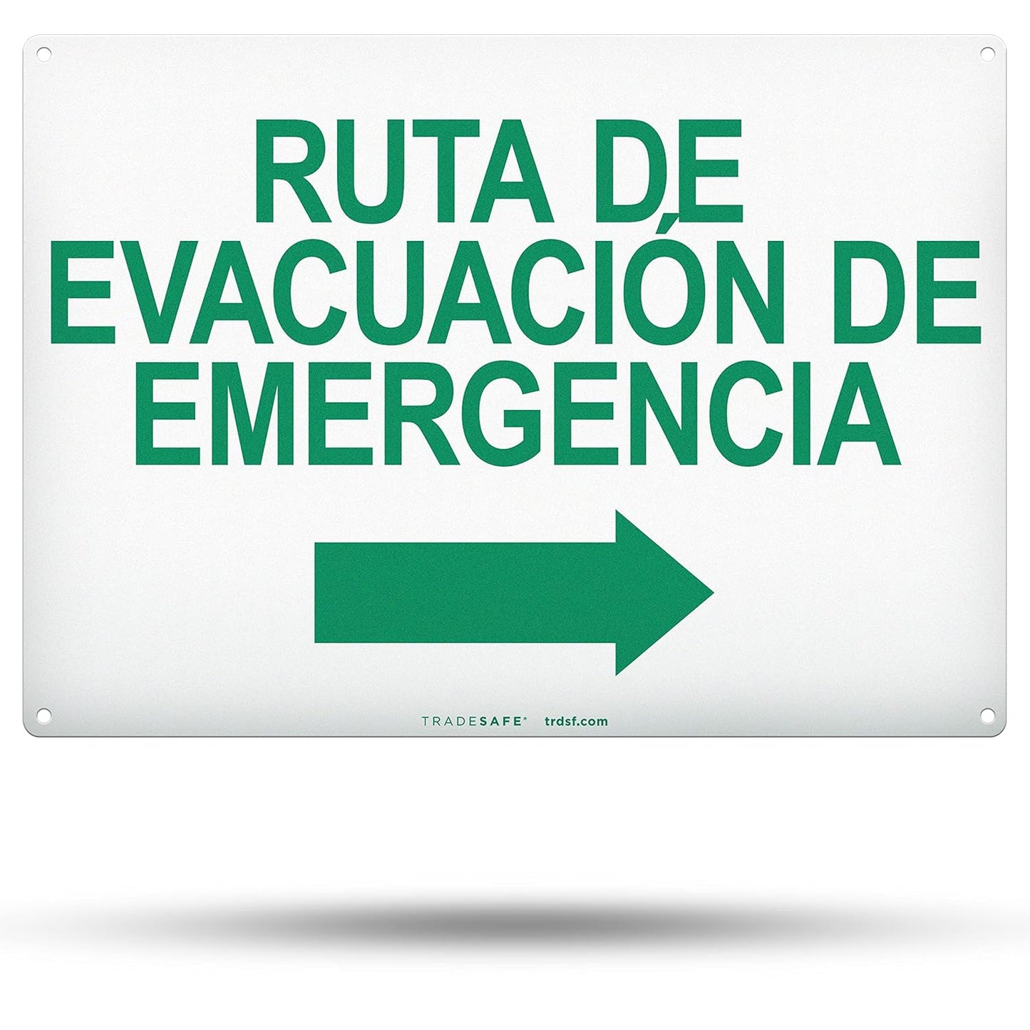TRADESAFE Emergency Evacuation Route Arrow Right Sign – Ruta De Evacuación De Emergencia Spanish Sign, Quick Install, Light Reflective, UV-Resistant, Waterproof, 14” X 10” Aluminum Safety Signs
